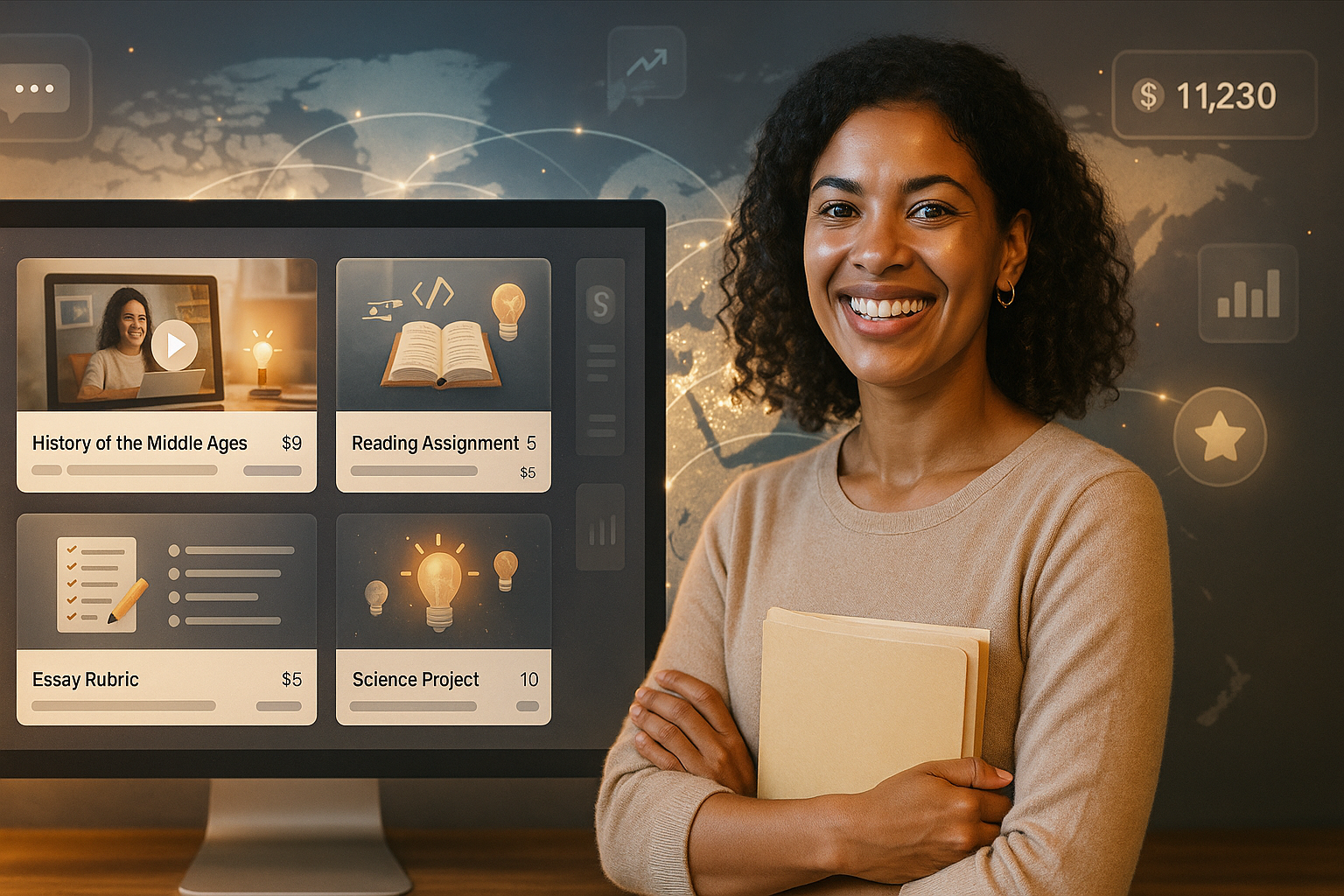 Teacher with educational dashboard showing assignments and student progress